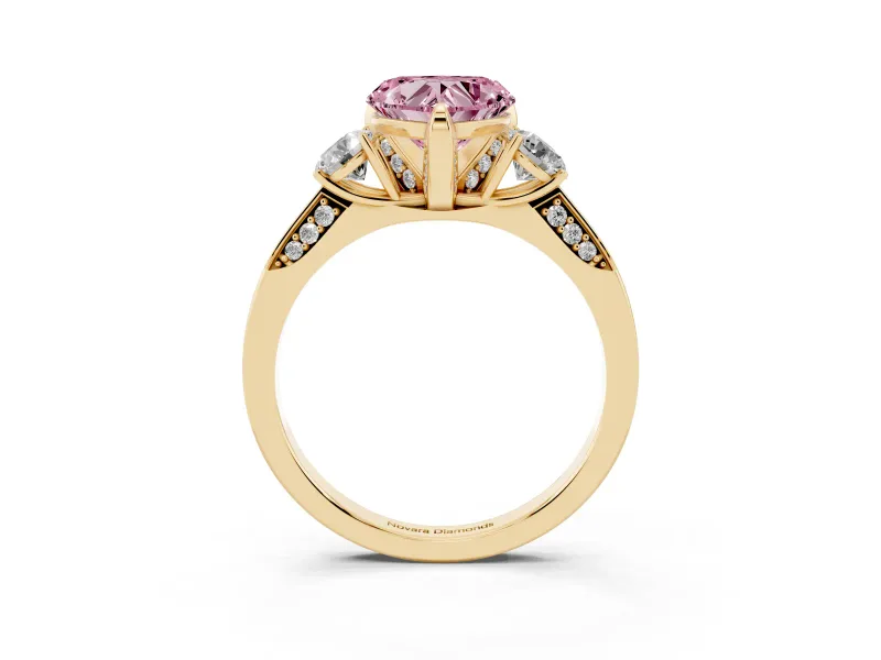 Heart-Shaped Hidden Halo Three Stone Engagement Ring Setting for a Fancy Pink Lab-Grown Diamond | Yellow Gold