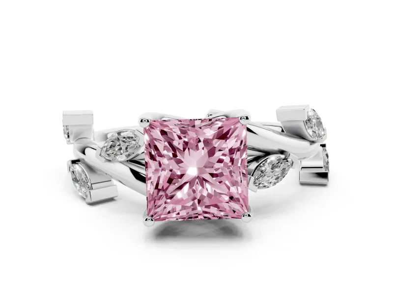 Fancy Pink Princess Cut Diamond Solitaire Ring Set in Platinum with Twisted Marquise Accent Band