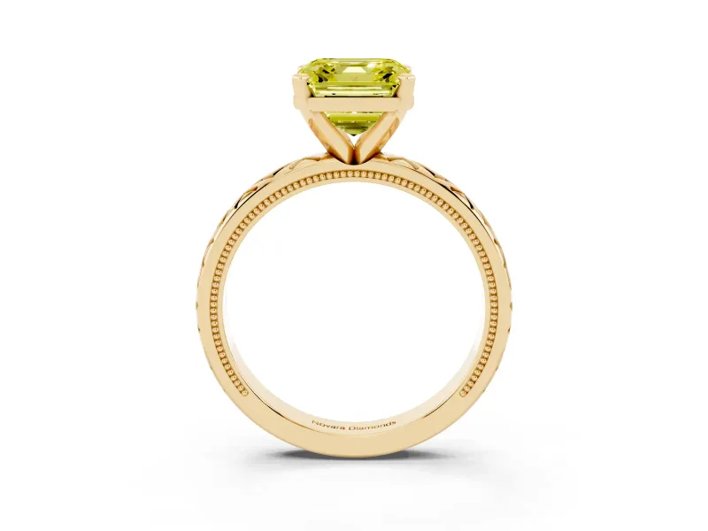 Fancy Yellow Asscher Cut Diamond Solitaire Ring Set in Yellow gold with Milgrain and Black Enamel X Pattern Band