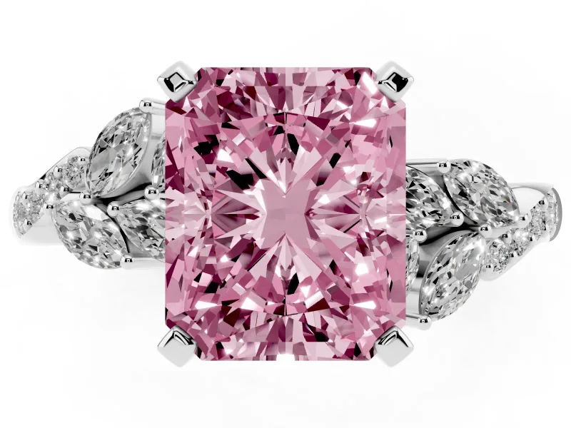 Fancy Pink Radiant Cut Diamond Solitaire Ring Set in White gold with Marquise Twist Band and Prong Setting
