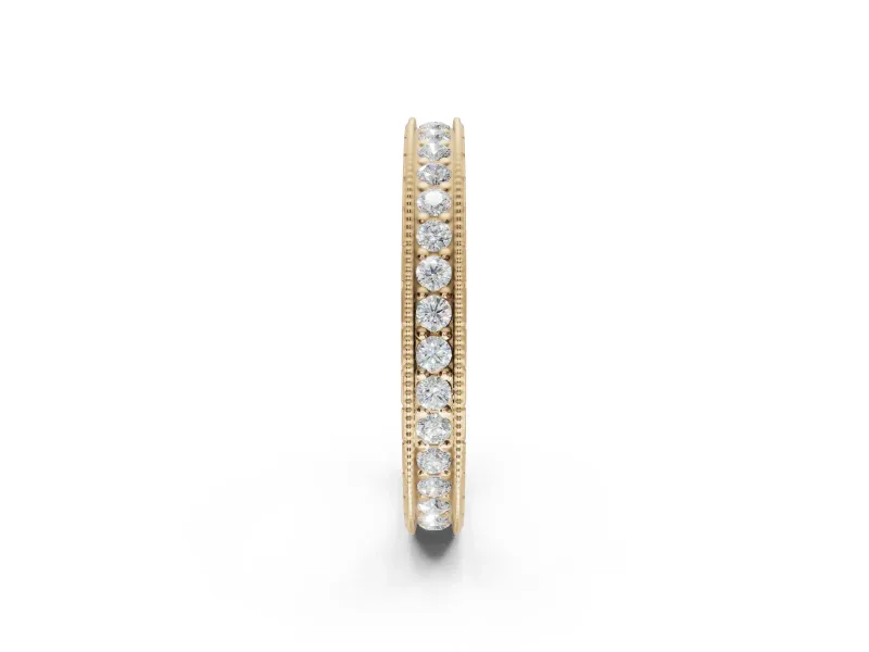 Round Lab-Grown Diamond Milgrain Pavé Eternity Band | Carved Side Walls | Yellow Gold