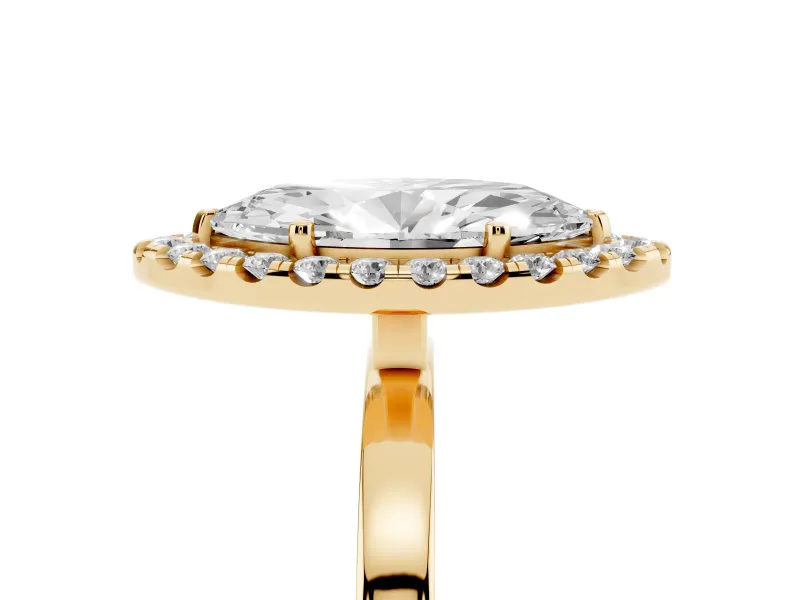 Marquise Cut Diamond Halo Solitaire Ring Set in Yellow gold with Pavé Band and Prong Setting