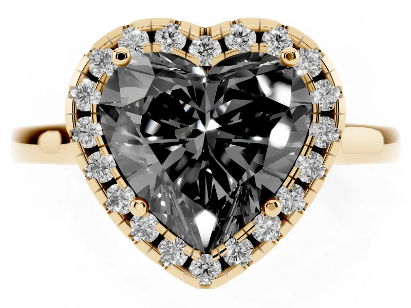 Fancy Black Heart Cut Halo Round Diamond Solitaire Ring Set in Yellow gold with Pavé Band and Prong Setting