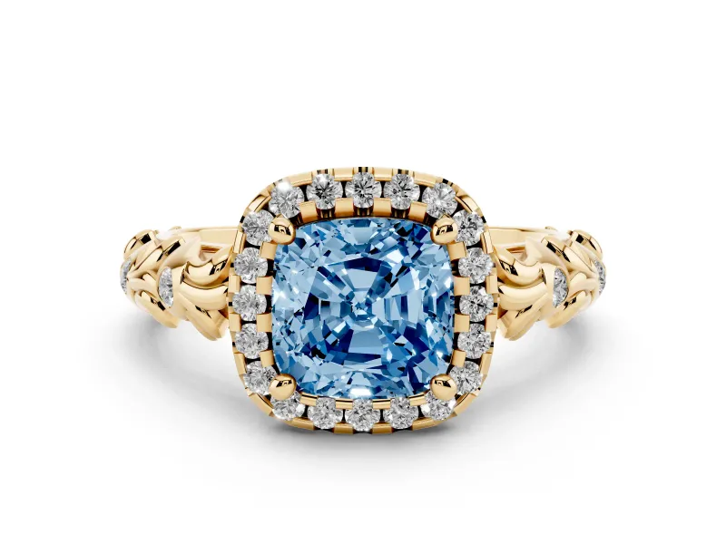 Fancy Blue Cushion Cut Diamond Halo Ring Set in Yellow gold with Filigree Leaf Band and Prong Setting
