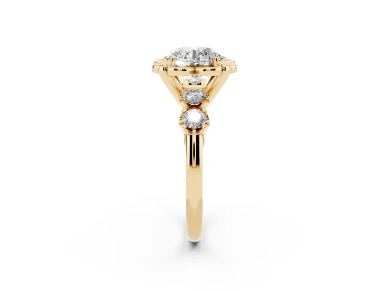 Round Floral Engagement Ring Setting | Petal Frame and Side Stones | Yellow Gold