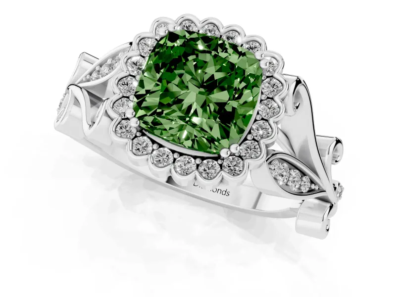 Cushion Cut Leaf Halo Engagement Ring Setting for a Fancy Green Lab-Grown Diamond | Sterling Silver