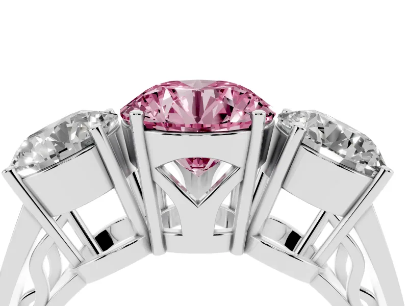 Round Engagement Ring Setting for a Fancy Pink Lab-Grown Diamond | Three Stone | Sterling Silver