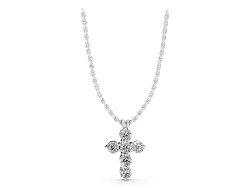 Round Lab-Grown Diamond Mini Cross Pendant Necklace | Individual Prongs | White Gold