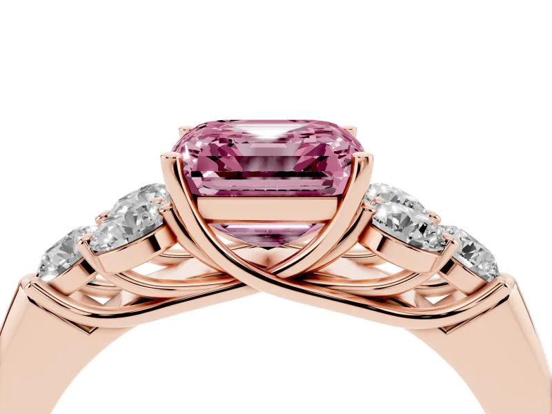 Fancy Pink Asscher Cut Diamond Cluster Ring Set in Rose gold with Round Accent Stones and Prong Setting on a Plain Band
