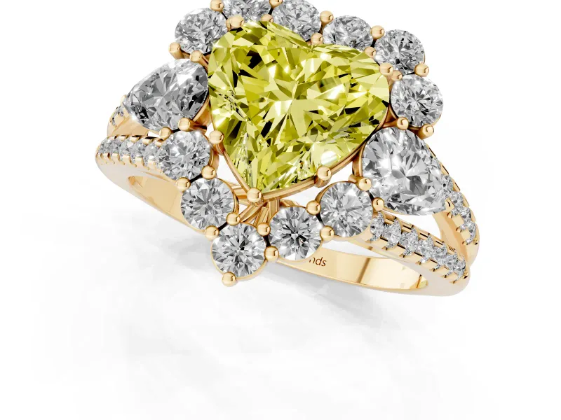 Fancy Yellow Heart Cut Diamond Halo Split Shank Engagement Ring Set in Yellow gold with Prong-Held Center Stone