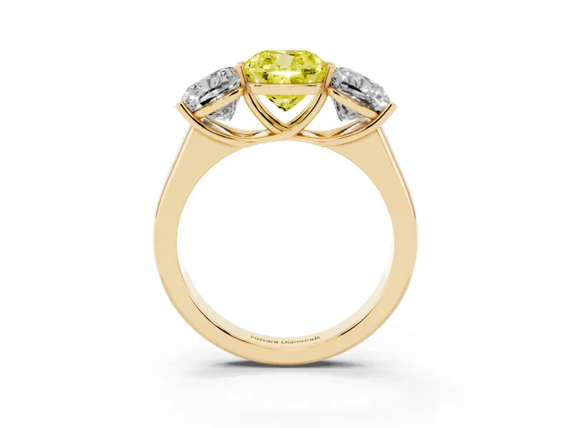 Cushion Cut Three Stone Engagement Ring Setting for a Fancy Yellow Lab-Grown Diamond | Basket Prong Heads | Yellow Gold