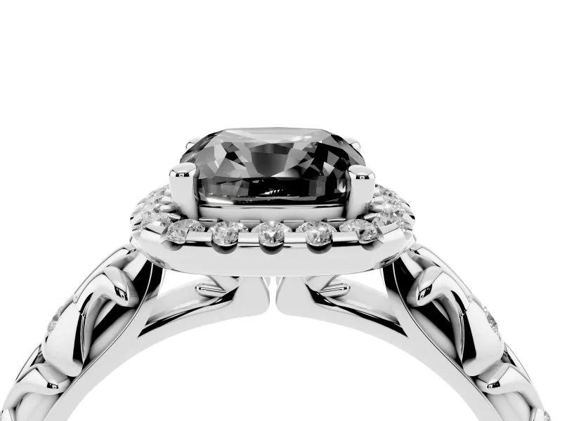 Cushion Cut Leaf Halo Engagement Ring Setting for a Black Center | Bezel Accents | Sterling Silver