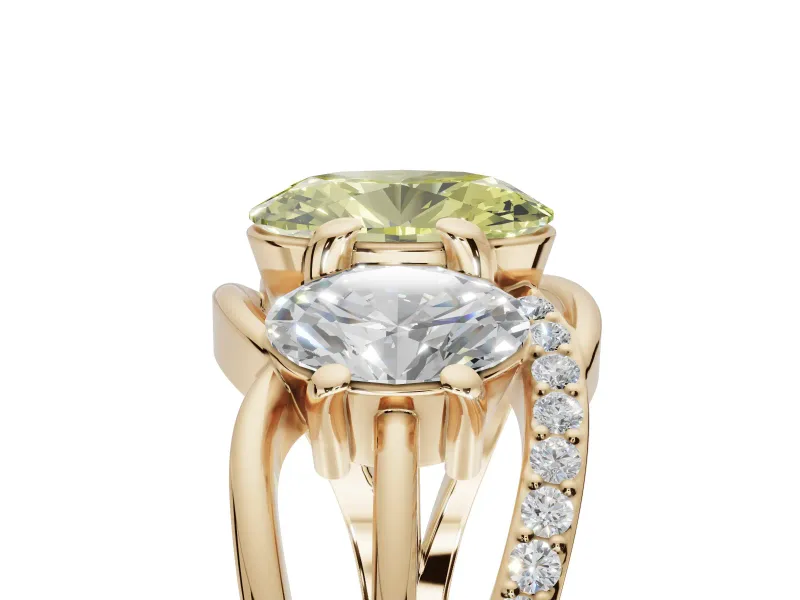 Oval Three Stone Split Shank Engagement Ring Setting for a Fancy Yellow Lab-Grown Diamond | Matching Sides | Yellow Gold