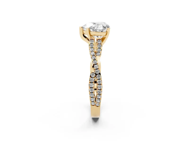 Heart Cut Diamond Solitaire Engagement Ring Set in Yellow gold with Twisted Pavé Band and Prong Setting