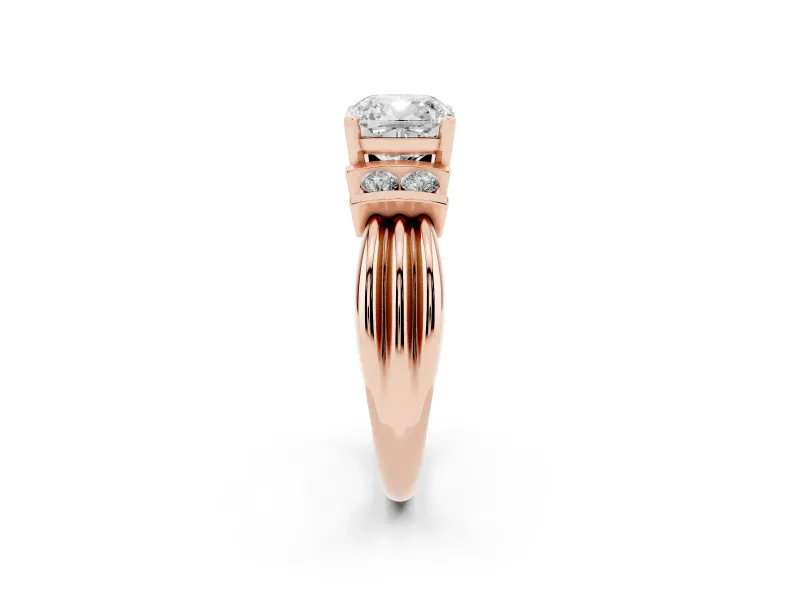 Three-Stone Cushion Cut Diamond Channel Set Ring Set in Rose gold with Bar Prongs