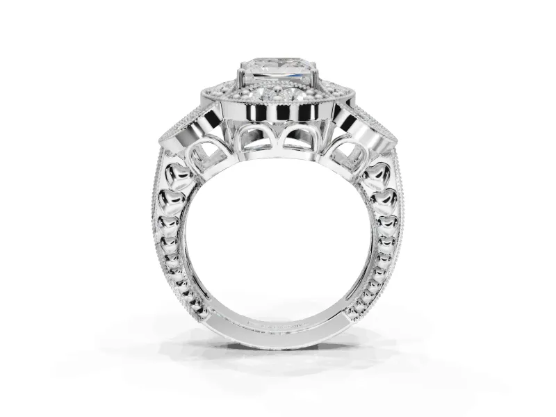 Princess Cut Vintage Floral Halo Engagement Ring Setting | Engraved Milgrain Band | Platinum
