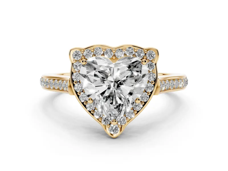 Heart Cut Diamond Halo Ring Set in Yellow gold with Pavé-Lined Shoulders and Prong Setting