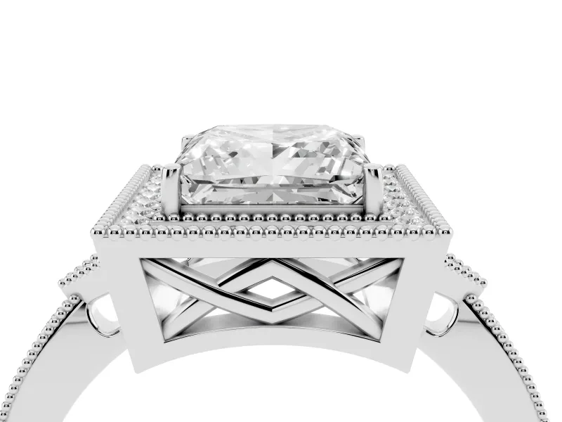 Princess Cut Diamond Halo Engagement Ring Set in Silver with Milgrain Pavé Band
