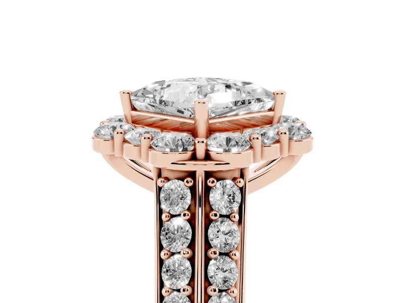 Princess Cut Large Accent Halo Engagement Ring Setting | Graduated Pavé | Rose Gold