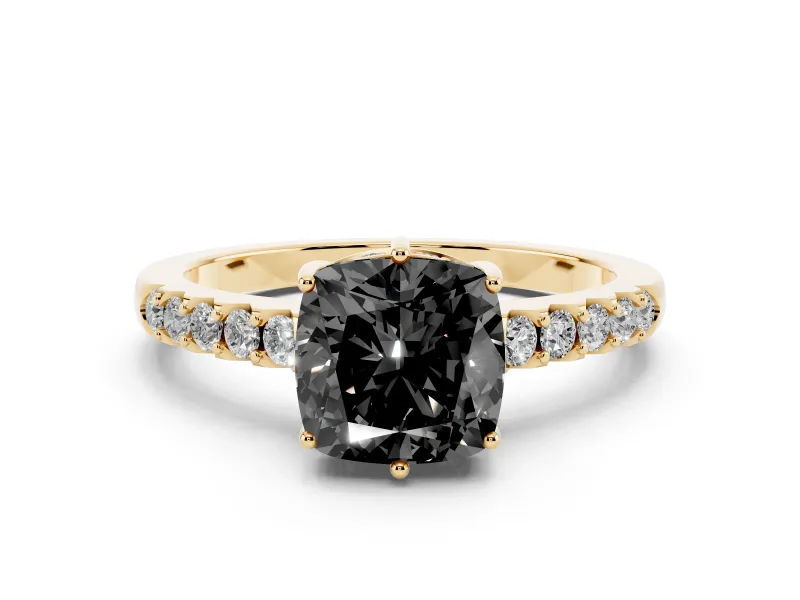 Fancy Black Cushion Cut Diamond Solitaire Engagement Ring Set in Yellow gold with Pavé Band and Prong Setting