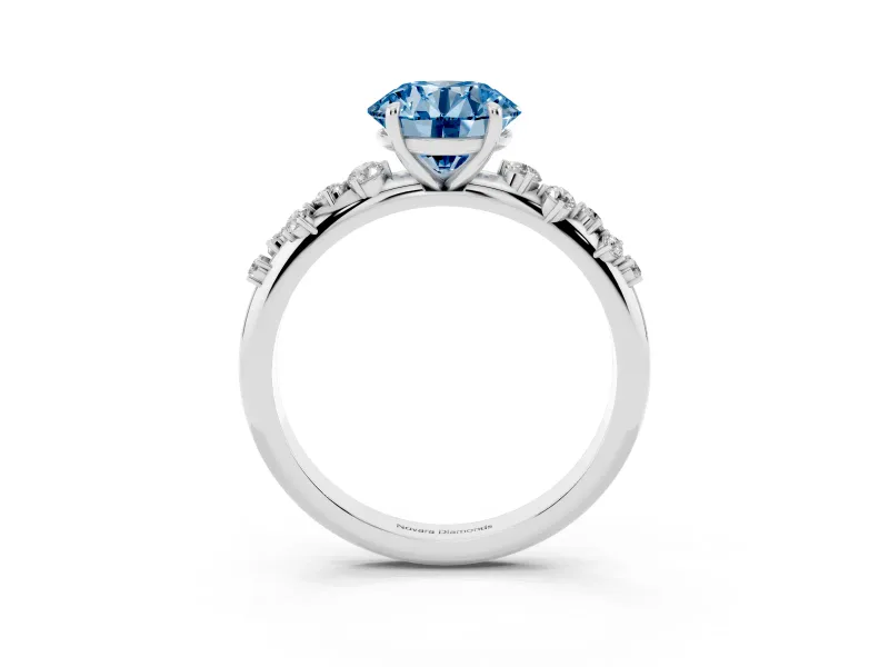 Fancy Blue Round Cut Diamond Cluster Solitaire Ring Set in White gold with Prong Setting