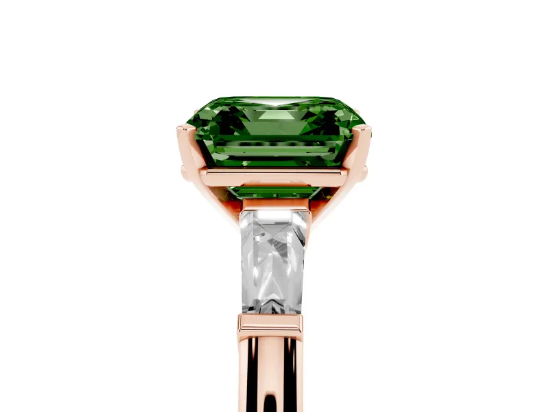 Asscher Cut Three Stone Engagement Ring Setting for a Fancy Green Lab-Grown Diamond | Tapered Baguettes | Rose Gold