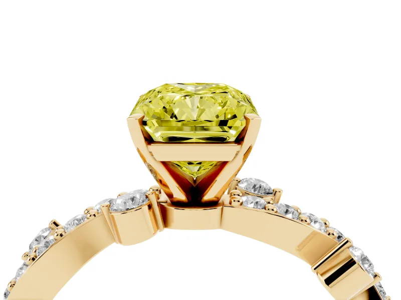 Fancy Yellow Radiant Cut Diamond Solitaire Twisted Band Set in Yellow gold with Pavé Setting