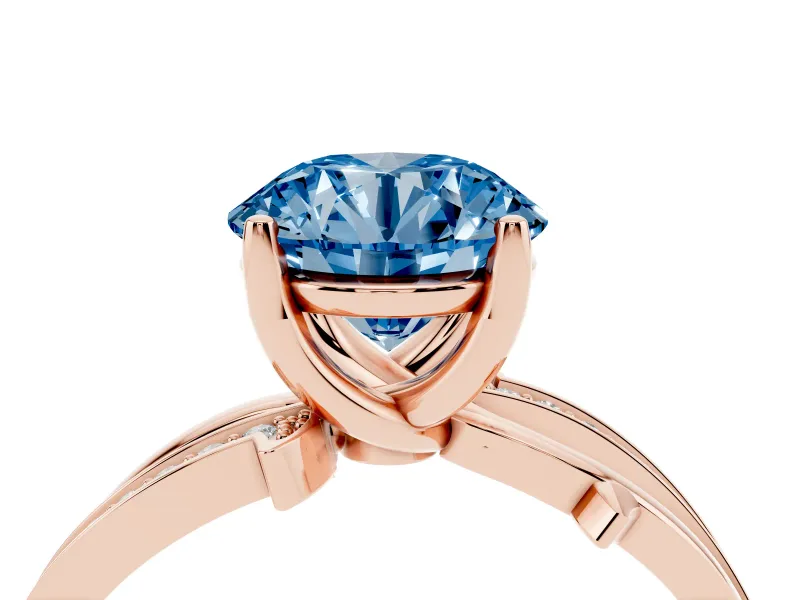 Fancy Blue Round Cut Diamond Pavé Twist Band Solitaire Ring Set in Rose gold with Prong Setting