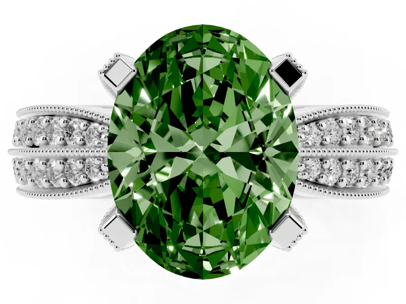 Fancy Green Oval Cut Diamond Solitaire Ring Set in Platinum with Milgrain Double Row Round Pavé Band