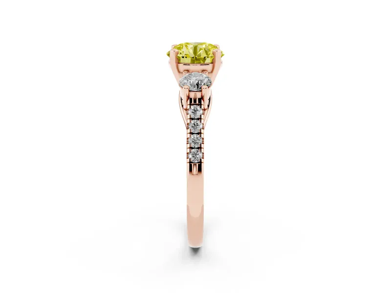 Round Three-Stone Engagement Ring Setting for a Fancy Yellow Lab-Grown Diamond | Rose Gold