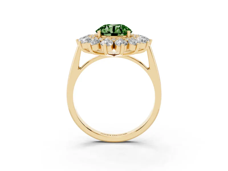 Round Floral Double Halo Engagement Ring Setting for a Fancy Green Lab-Grown Diamond | Plain Band | Yellow Gold