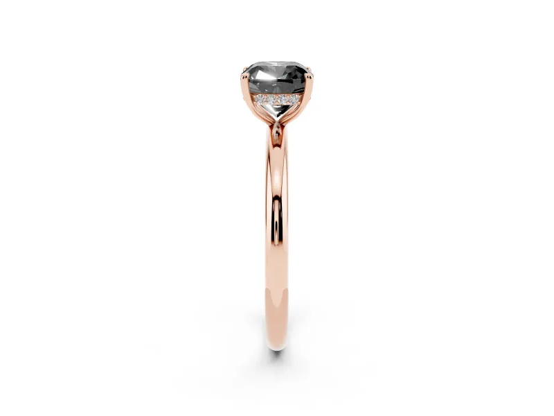 Fancy Black Cushion Cut Diamond Solitaire Ring Set in Rose gold with Thin Band and Prong Setting