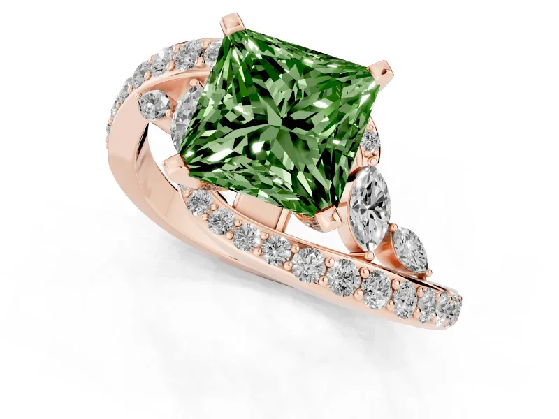 Fancy Green Princess Cut Diamond Solitaire Ring Set in Rose gold with Pavé Twist Band and Secure Prong Setting