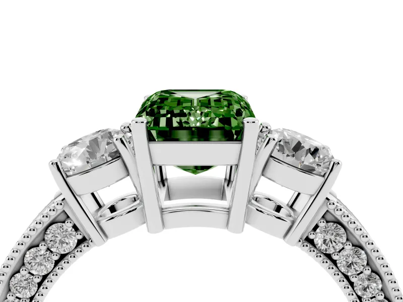 Fancy Green Emerald Cut Diamond Three-Stone Ring Set in Silver with Round Side Stones and Pavé Band