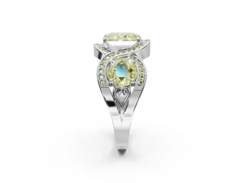 Radiant Cut Three Stone Engagement Ring Setting for a Fancy Yellow Lab-Grown Diamond | Pavé Wave Band | Sterling Silver