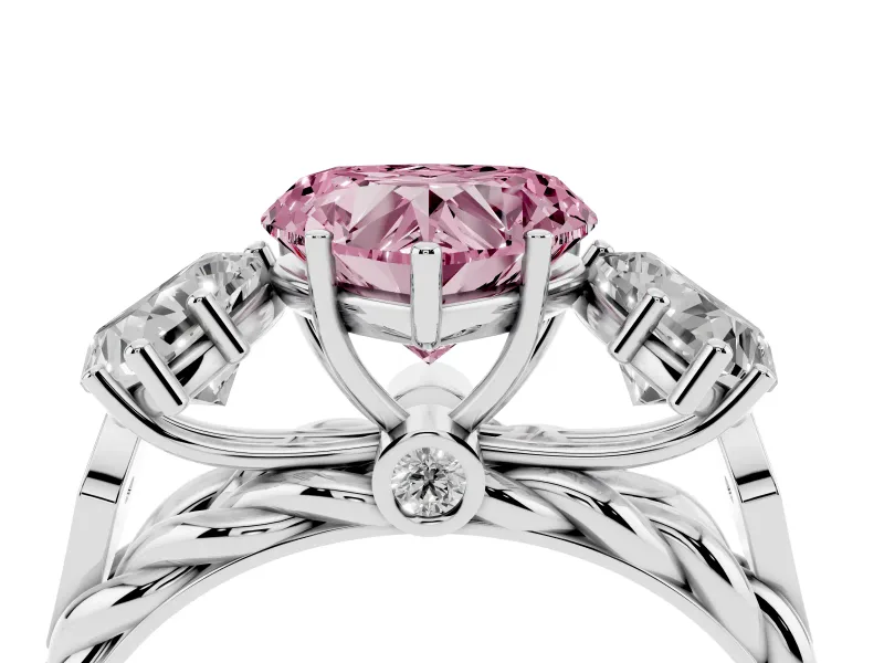 Heart-Shaped Three Stone Engagement Ring Setting for a Fancy Pink Lab-Grown Diamond | Braided Band | Platinum