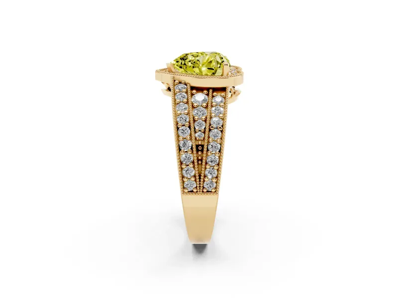 Fancy Yellow Heart Cut Diamond Halo Ring Set in Yellow gold with Accent Split Shank and Prong Setting