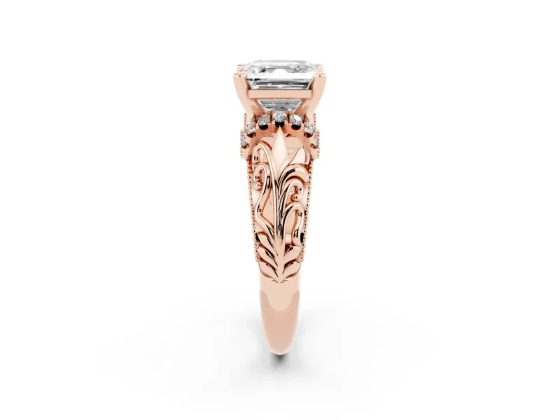 Asscher Cut Diamond Filigree Halo Engagement Ring Set in Rose gold with Prong Setting