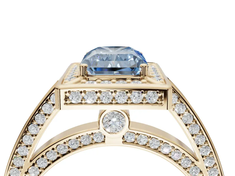 Radiant Cut Sectioned Halo Engagement Ring Setting for a Fancy Blue Lab-Grown Diamond | Yellow Gold