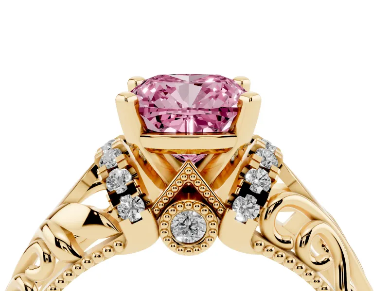 Fancy Pink Cushion Cut Diamond Filigree Halo Engagement Ring Set in Yellow gold with Prong Setting