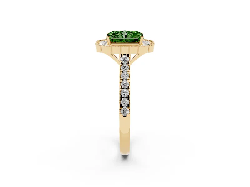 Radiant Cut Milgrain Floral Halo Engagement Ring Setting for a Fancy Green Lab-Grown Diamond | Pavé Band | Yellow Gold