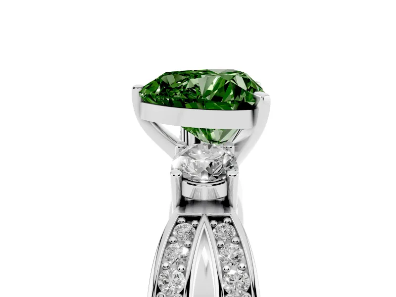 Fancy Green Three-Stone Heart Cut Diamond Twist Band Ring Set in White gold with Pavé Accents and Prong Setting