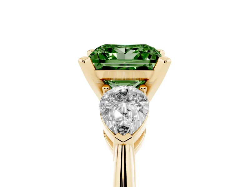 Fancy Green Three-Stone Princess Cut Diamond Ring Set in Yellow gold with Pear Side Stones and Prong Setting
