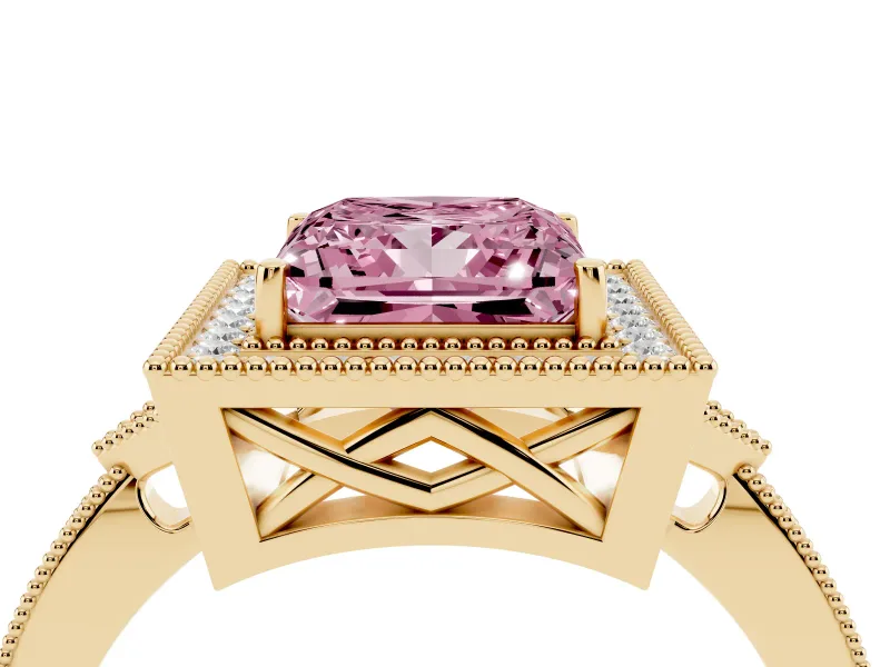 Fancy Pink Princess Cut Diamond Halo Engagement Ring Set in Yellow gold with Milgrain Pavé Band