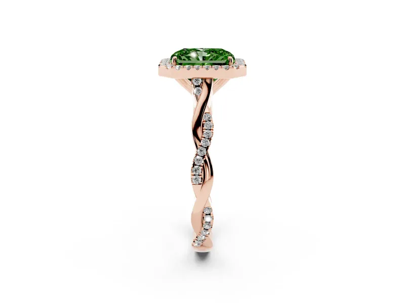 Radiant Cut Twist Halo Engagement Ring Setting for a Fancy Green Lab-Grown Diamond | Rose Gold