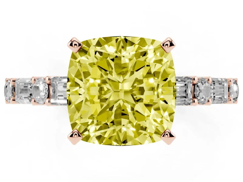 Cushion Cut Baguette Side Stone Engagement Ring Setting for a Fancy Yellow Lab-Grown Diamond | Rose Gold
