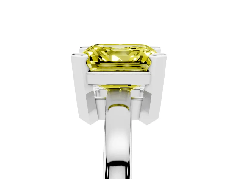 Fancy Yellow Asscher Cut Diamond Solitaire Ring Set in Silver with Prong Head and Smooth Polished Band