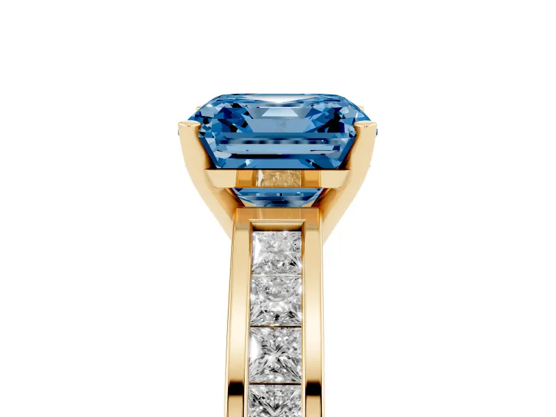 Fancy Blue Asscher Cut Diamond Solitaire Ring Set in Yellow gold with Channel-Set Band and Prong Setting