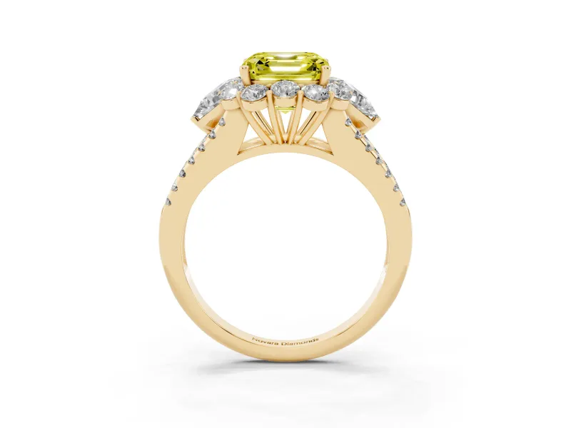 Asscher Cut Scalloped Halo Engagement Ring Setting for a Fancy Yellow Lab-Grown Diamond | Pear Side Stones | Yellow Gold