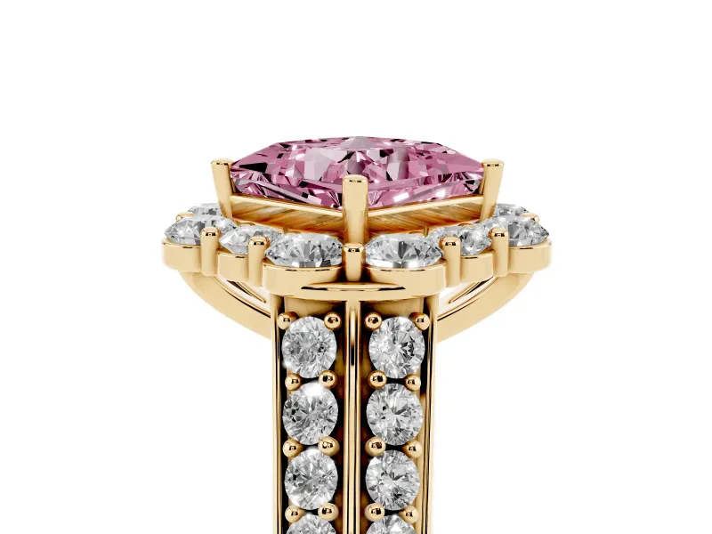Princess Cut Large Accent Halo Engagement Ring Setting for a Fancy Pink Lab-Grown Diamond | Graduated Pavé | Yellow Gold